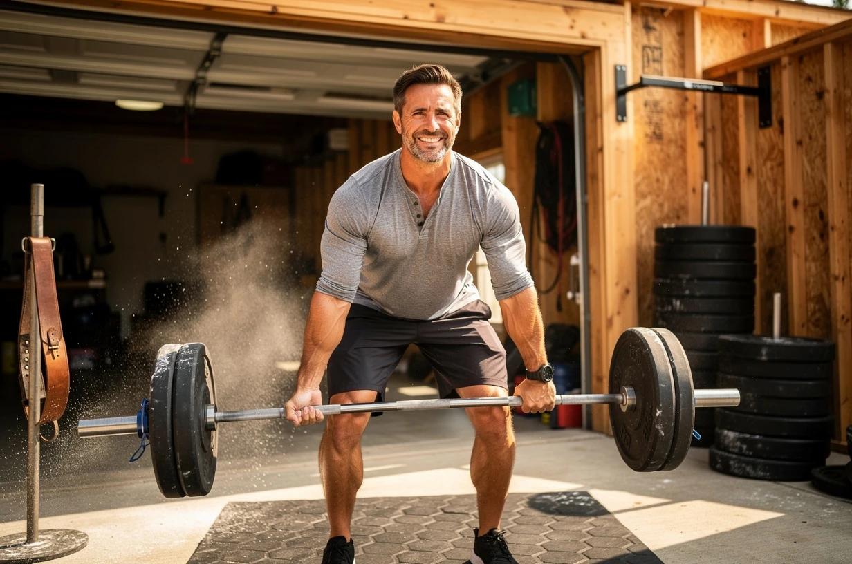 A fit man in his early 40s grins while lifting a barbell in a sunlit home garage gym, surrounded by stacked weight plates and a chalk-dusted pull-up bar.