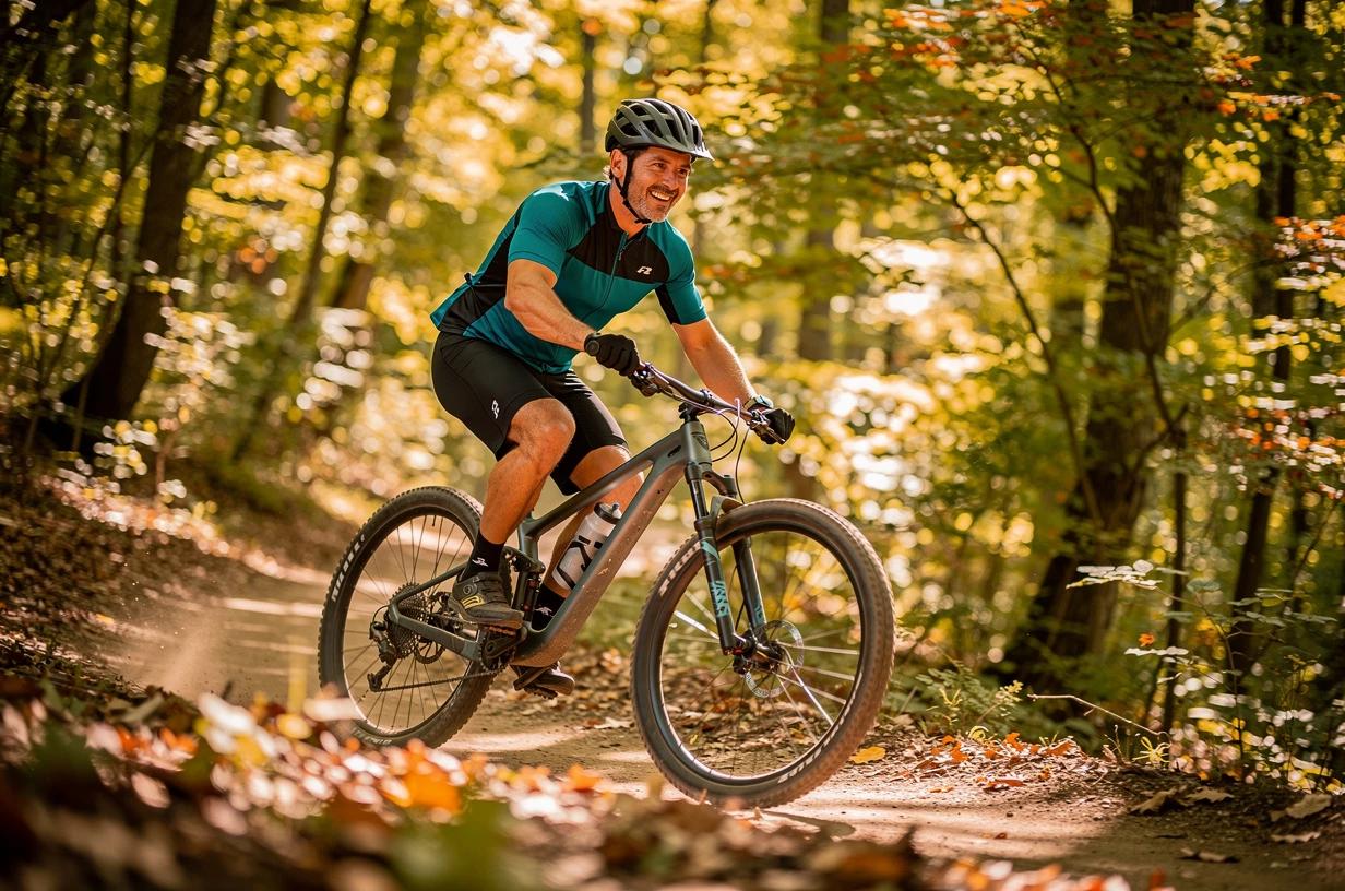A fit man around forty rides a mountain bike down a wooded trail, sunlight breaking through the trees as he leans into a curve with a wide grin.