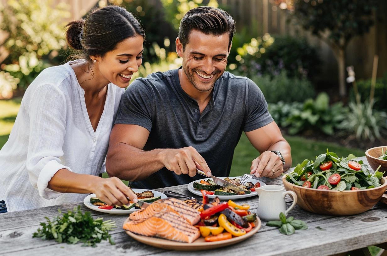 A smiling man in his mid-30s sits at a sunlit backyard picnic table with his partner, both loading colorful plates with grilled salmon, roasted vegetables, and fresh greens.