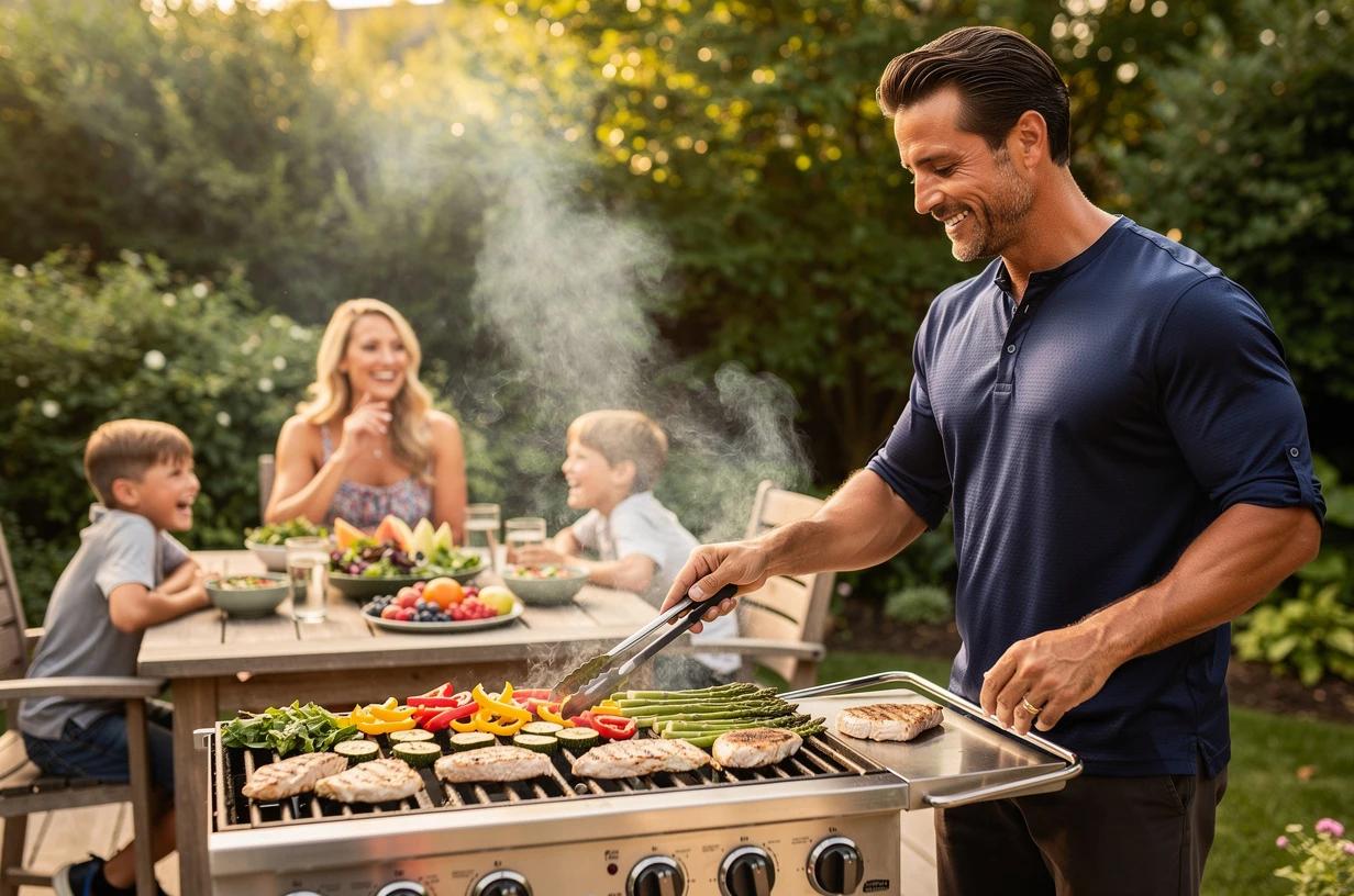 A man in his mid-40s smiles while grilling vegetables and lean protein on a backyard deck, tongs in hand, with his family visible behind him.