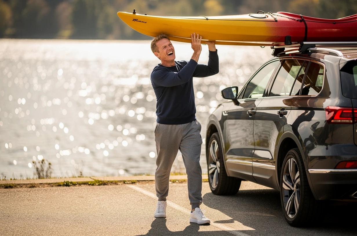 A happy man in his early 40s grins while loading a kayak onto a roof rack in a sunny lakeside parking lot, ready for a morning on the water.