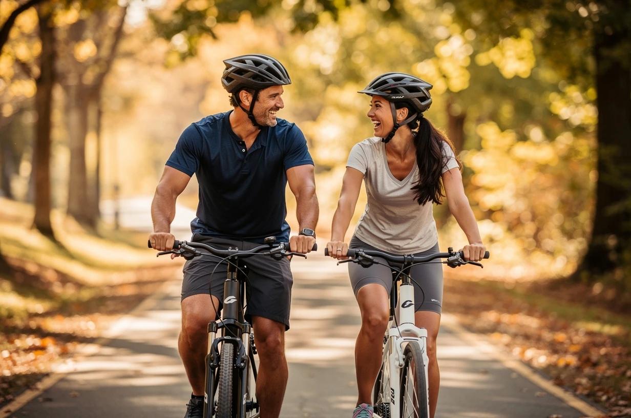 A fit man in his mid-40s cycles along a tree-lined trail with his wife on a sunny weekend morning, both laughing as they ride side by side.
