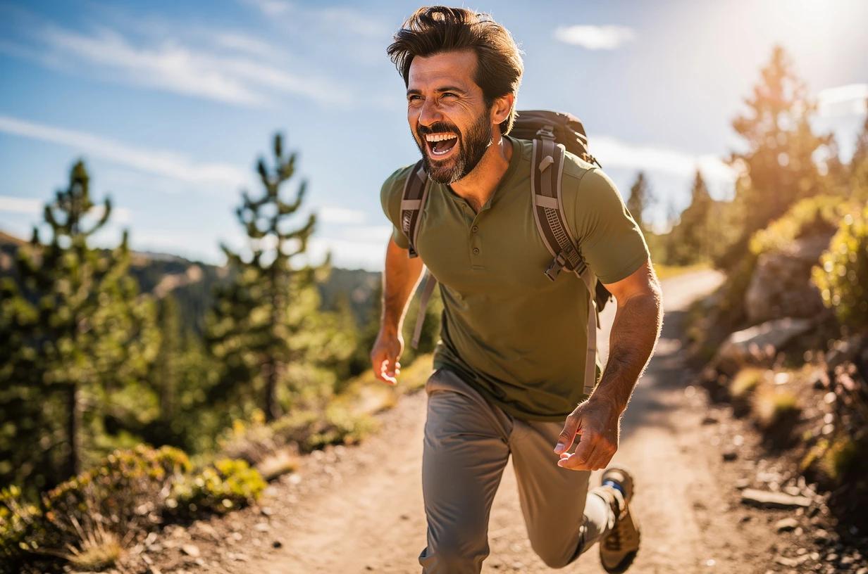 A energetic man in his early 40s laughing mid-stride while hiking a sunny mountain trail, backpack on, bright sky behind him.