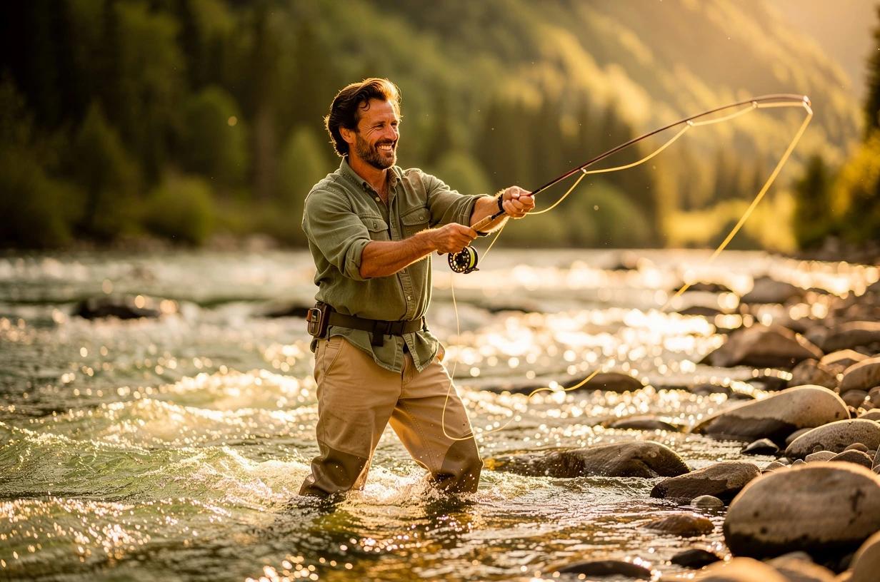 A man in his mid-40s in a well-worn flannel shirt and waders stands mid-stream fly fishing in a clear mountain river, sunlight catching the water around him, smiling as he casts.