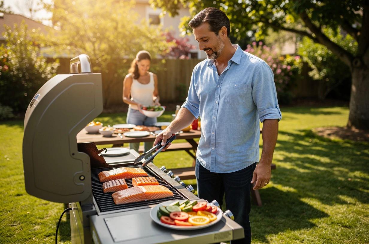 A happy man in his mid-forties grills thick salmon fillets on a backyard gas grill on a sunny afternoon, laughing and holding tongs while his wife sets a picnic table behind him.