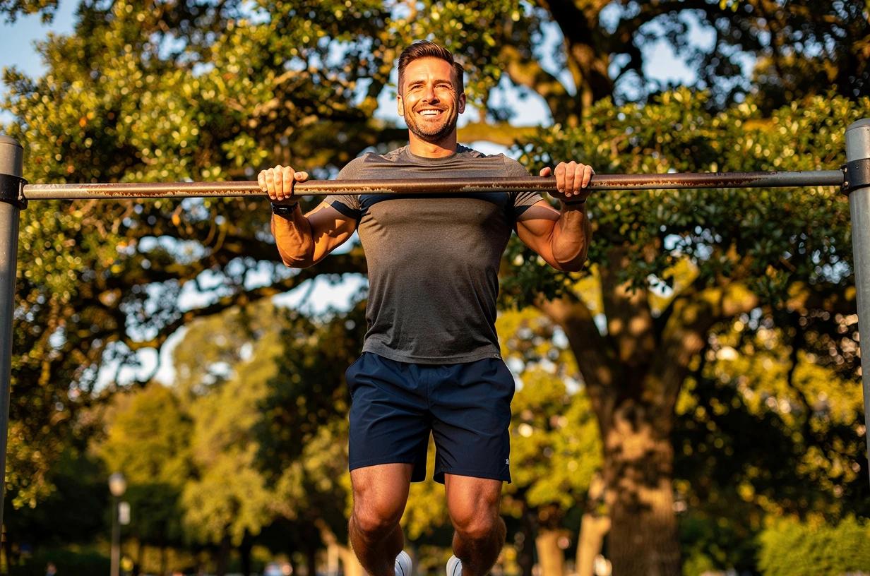 A happy, energetic man in his early 40s grins mid-rep while doing pull-ups on an outdoor fitness bar in a sunny park, wearing a plain t-shirt and athletic shorts.