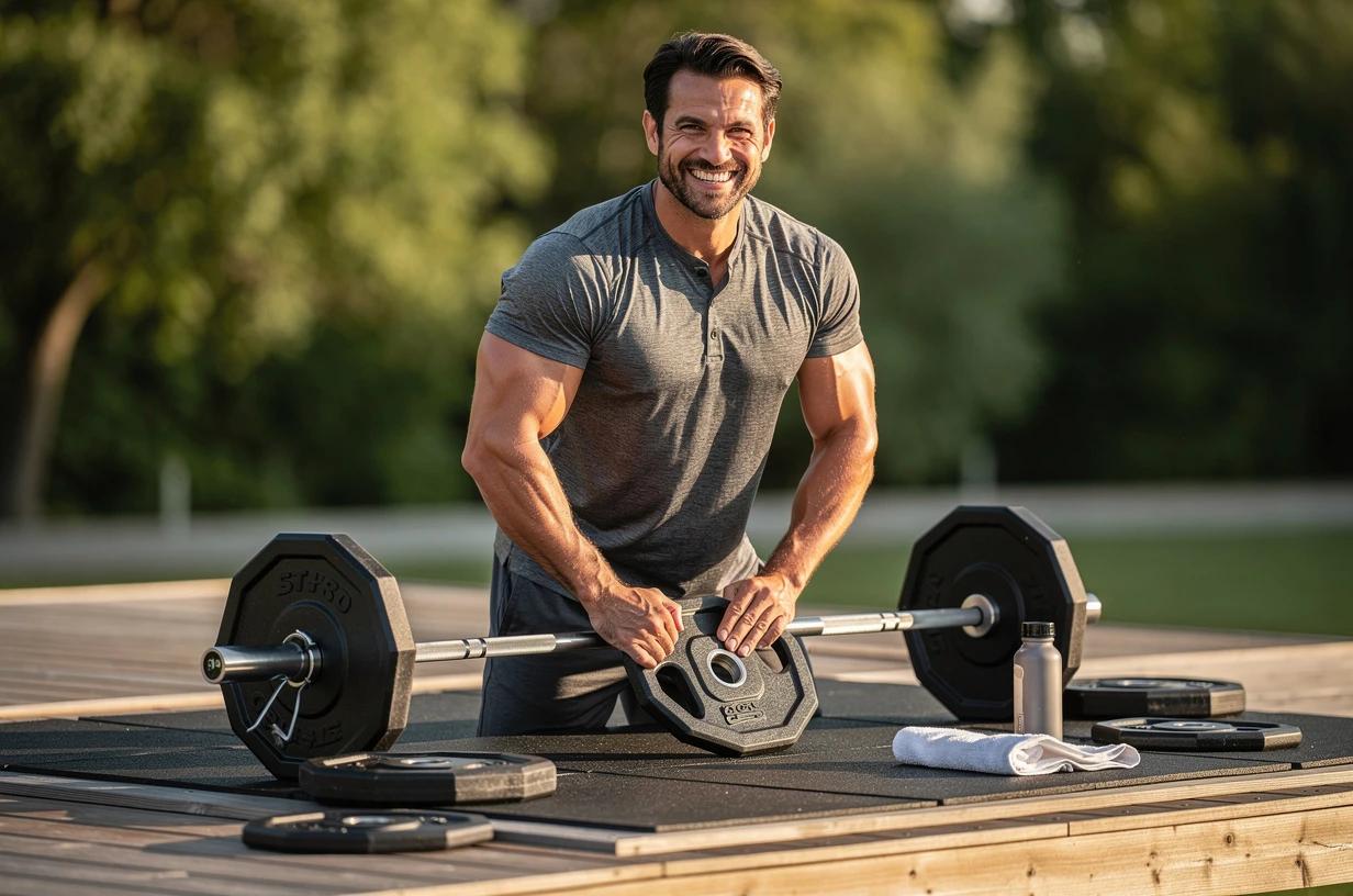 A smiling man in his early 40s loads a barbell at an outdoor strength training platform, sunlight catching the weights as he grins between sets.