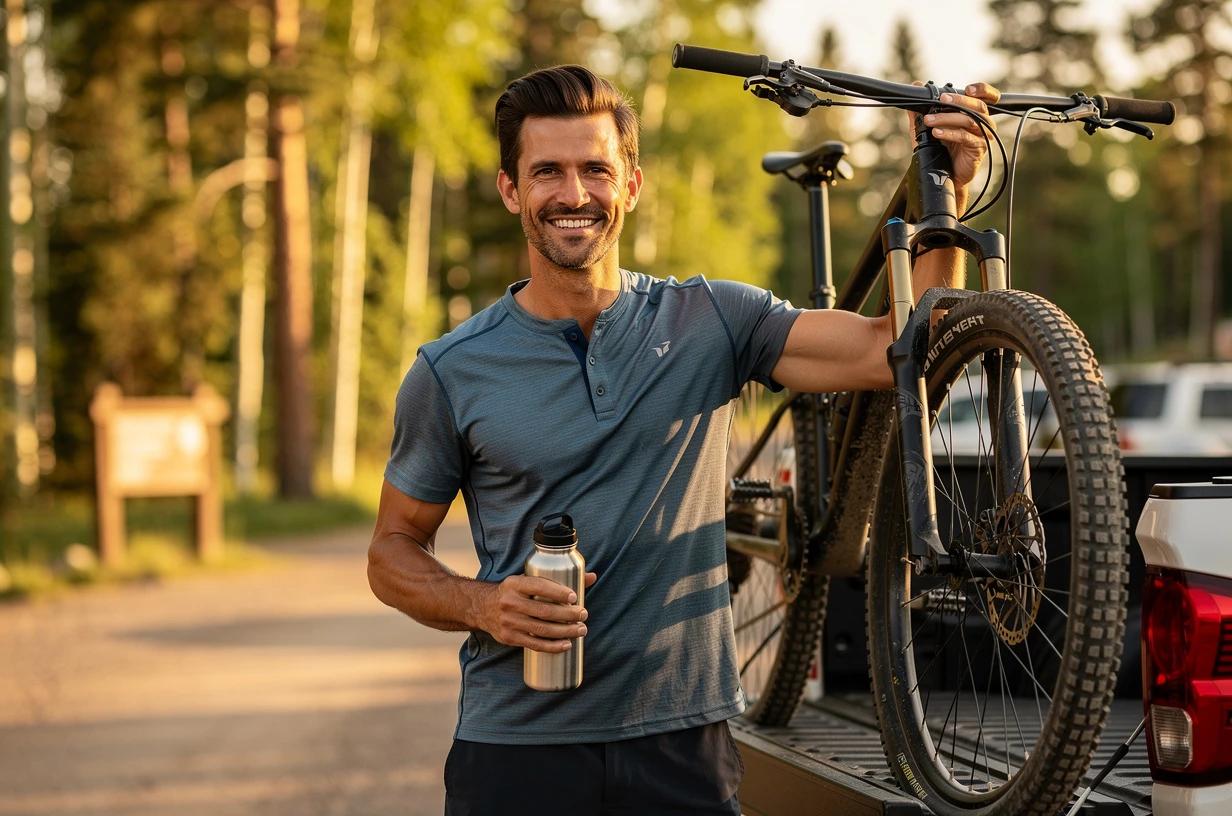 A smiling man in his early 40s loads a mountain bike onto a truck rack at a sunny trailhead, water bottle in hand, ready for a weekend ride.