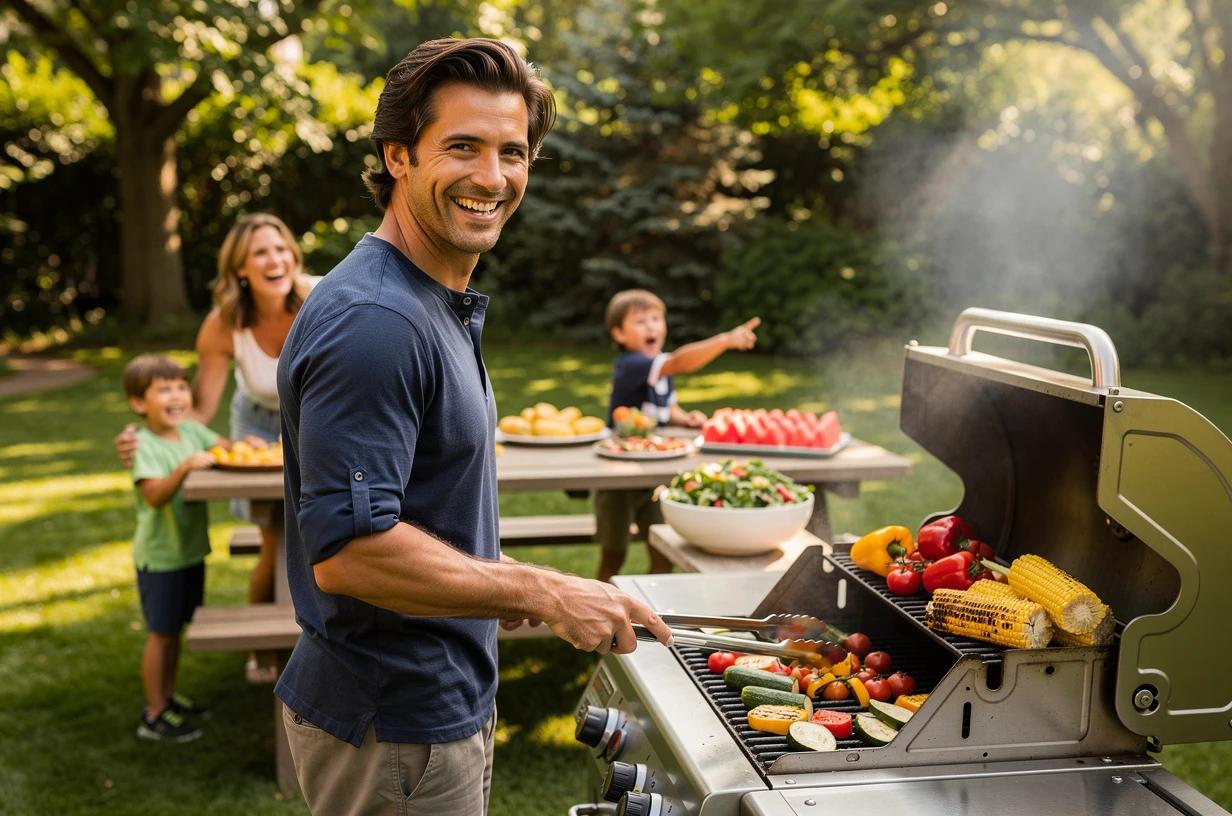 A energetic man around 35 grilling vegetables and laughing with his family in a backyard on a bright weekend afternoon.