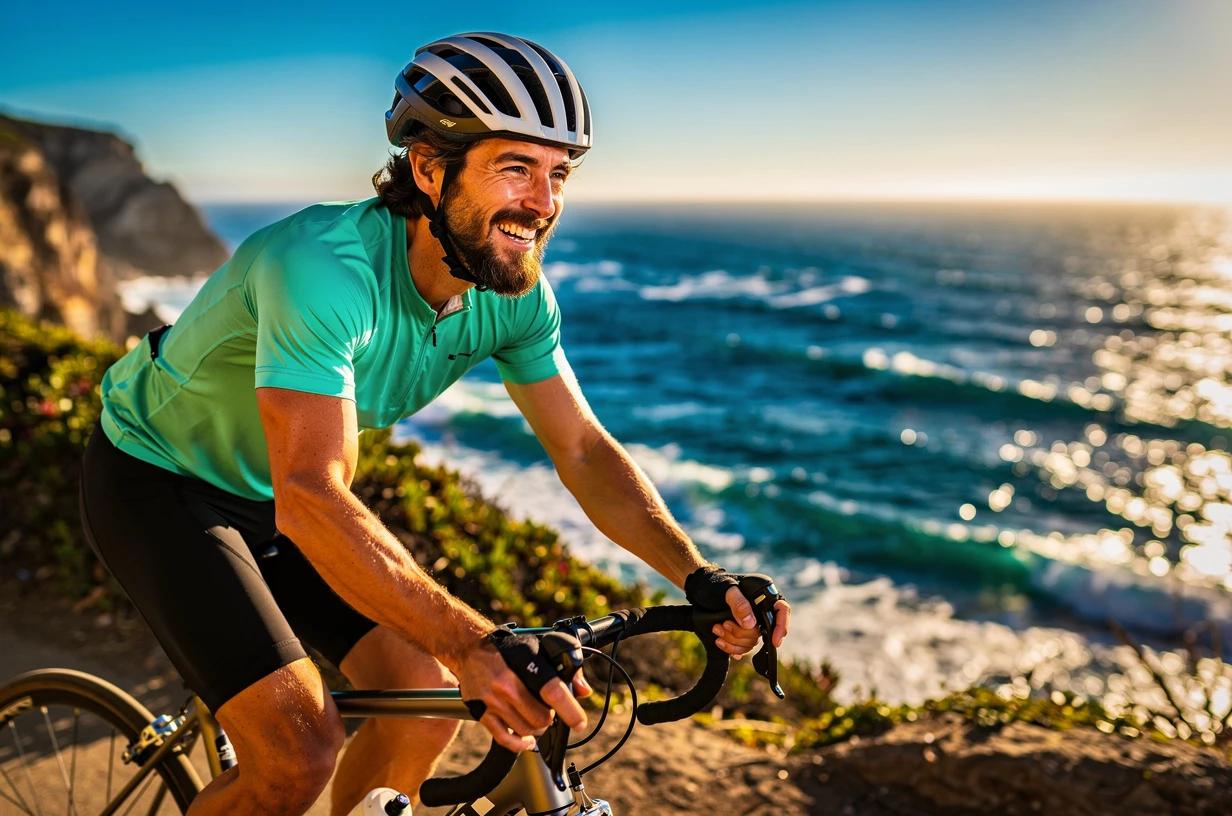 A fit man in his mid-30s cycling along a sun-drenched coastal trail, helmet on, grinning as he pedals energetically past ocean views.