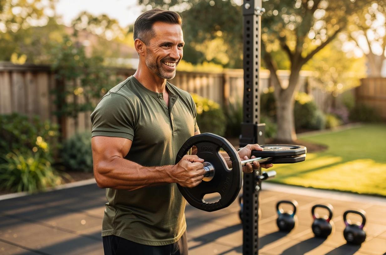 A fit man in his early 40s grins while loading a barbell at an outdoor gym setup on a sunny backyard patio, sleeves rolled up and clearly in his element.
