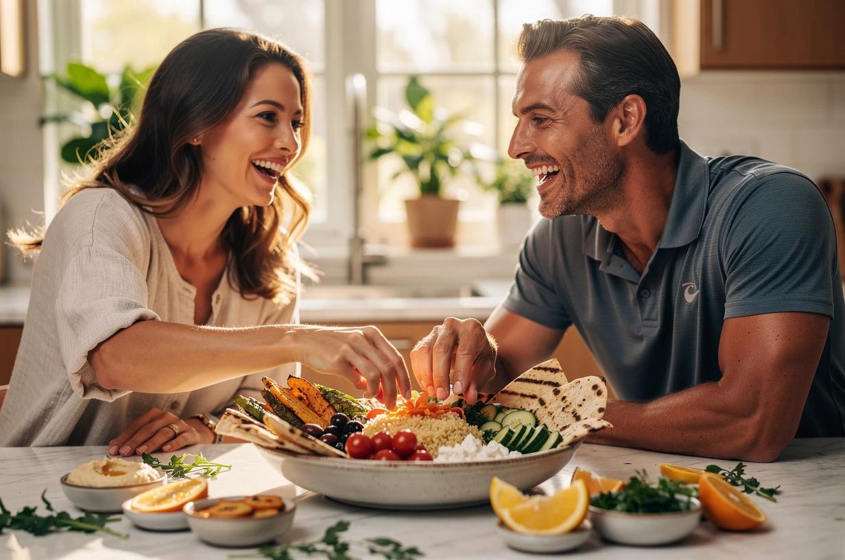 A smiling man in his early 40s sits across from his partner at a sunlit kitchen table, both reaching toward a wide bowl of colorful Mediterranean food.