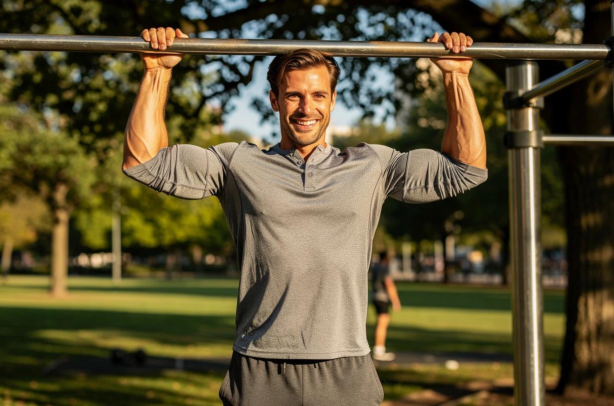 A happy, energetic man in his early 40s doing pull-ups outdoors at a sunlit park calisthenics station, grinning as he reaches the top of the bar.