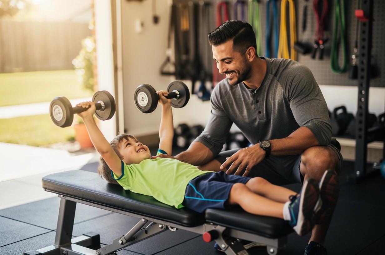 A man in his mid-30s coaching his son through a set of dumbbell presses in a bright home garage gym, both of them smiling and focused.