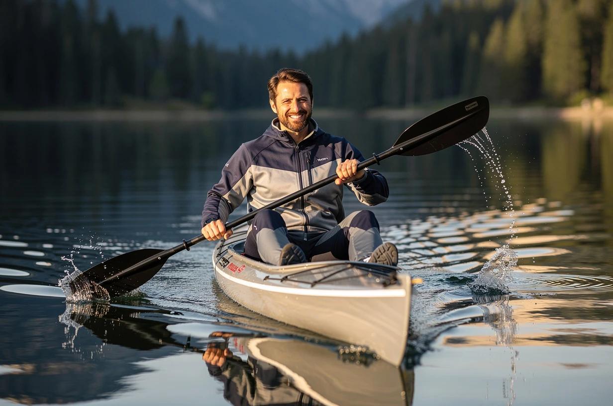 A man in his early 40s paddles a kayak across a glassy lake at mid-morning, sunlight catching the water around the bow as he leans into a steady stroke.