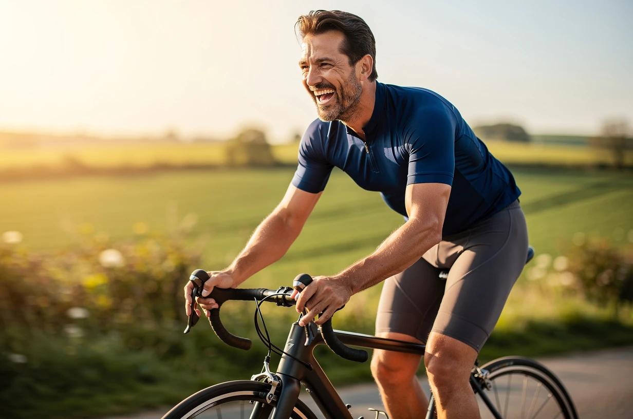 A happy, energetic man in his early 40s cycling on a sun-lit country road, grinning as he crests a small hill with green farmland stretching behind him.