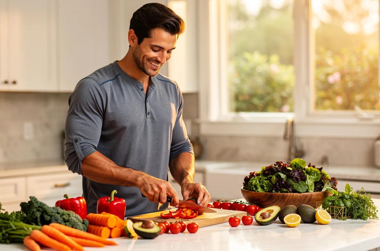 A fit, smiling man in his mid-30s preparing a colorful meal at a bright kitchen counter, chopping fresh vegetables with evident enthusiasm.