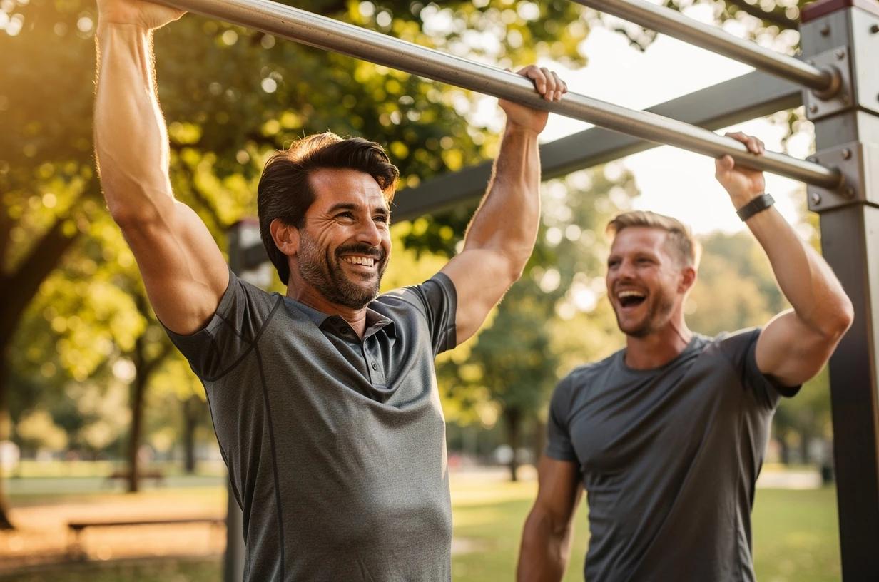 A cheerful man in his early 40s doing pull-ups on an outdoor fitness bar in a sun-drenched park, grinning at a friend nearby.