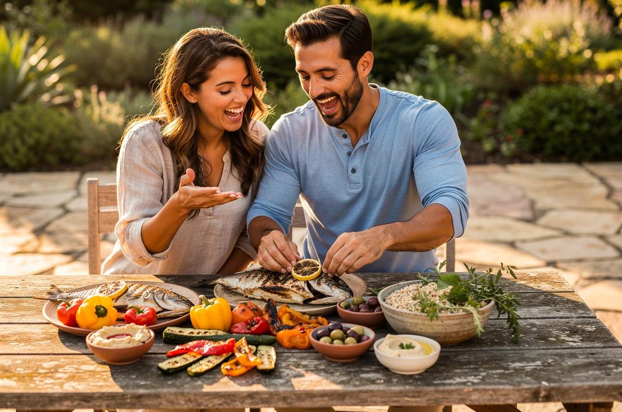 A happy man in his mid-30s sits at a wooden picnic table on a bright patio, energetically assembling a colorful Mediterranean-style meal with grilled fish, vegetables, and whole grains while his partner laughs beside him.