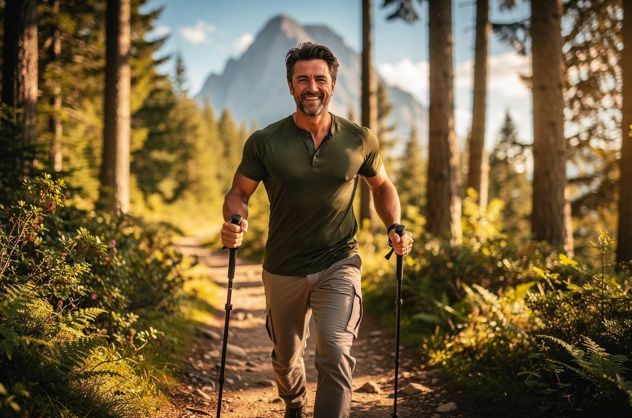 A happy, energetic man in his early 40s hiking a sun-lit forest trail, grinning as he strides forward with trekking poles, a mountain ridge visible in the background.