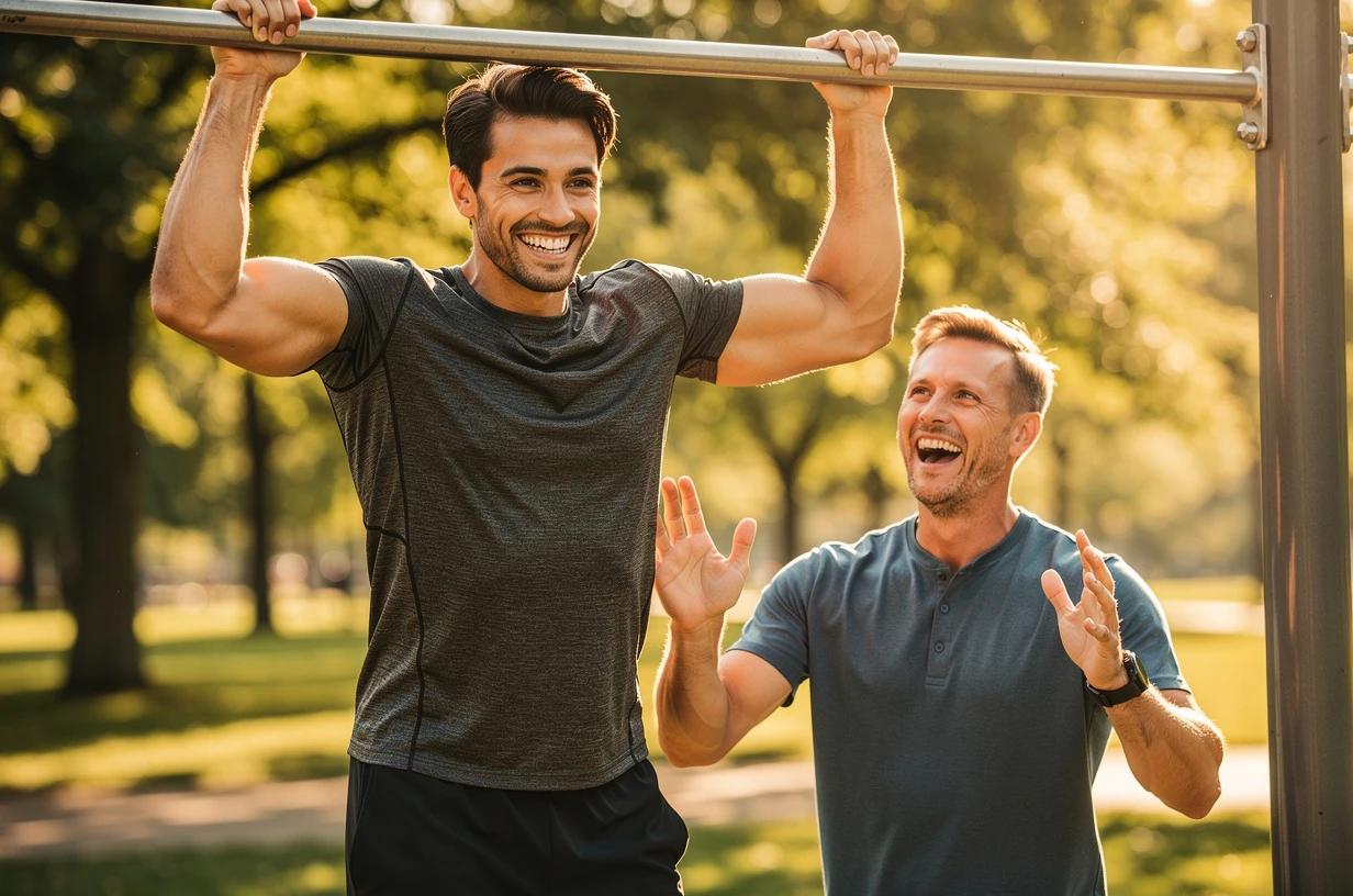A energetic man in his mid-30s doing pull-ups on an outdoor fitness bar at a park, grinning at a friend spotting him on a bright morning.