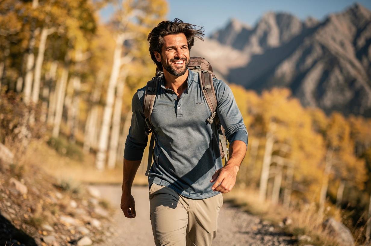 A man in his early 40s grinning mid-stride on a sun-lit trail hike, backpack on, mountains visible behind him.
