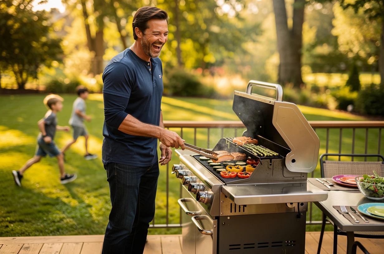 A man in his mid-40s grills salmon and vegetables on a backyard deck while his kids play in the yard behind him, laughing over a pair of tongs.