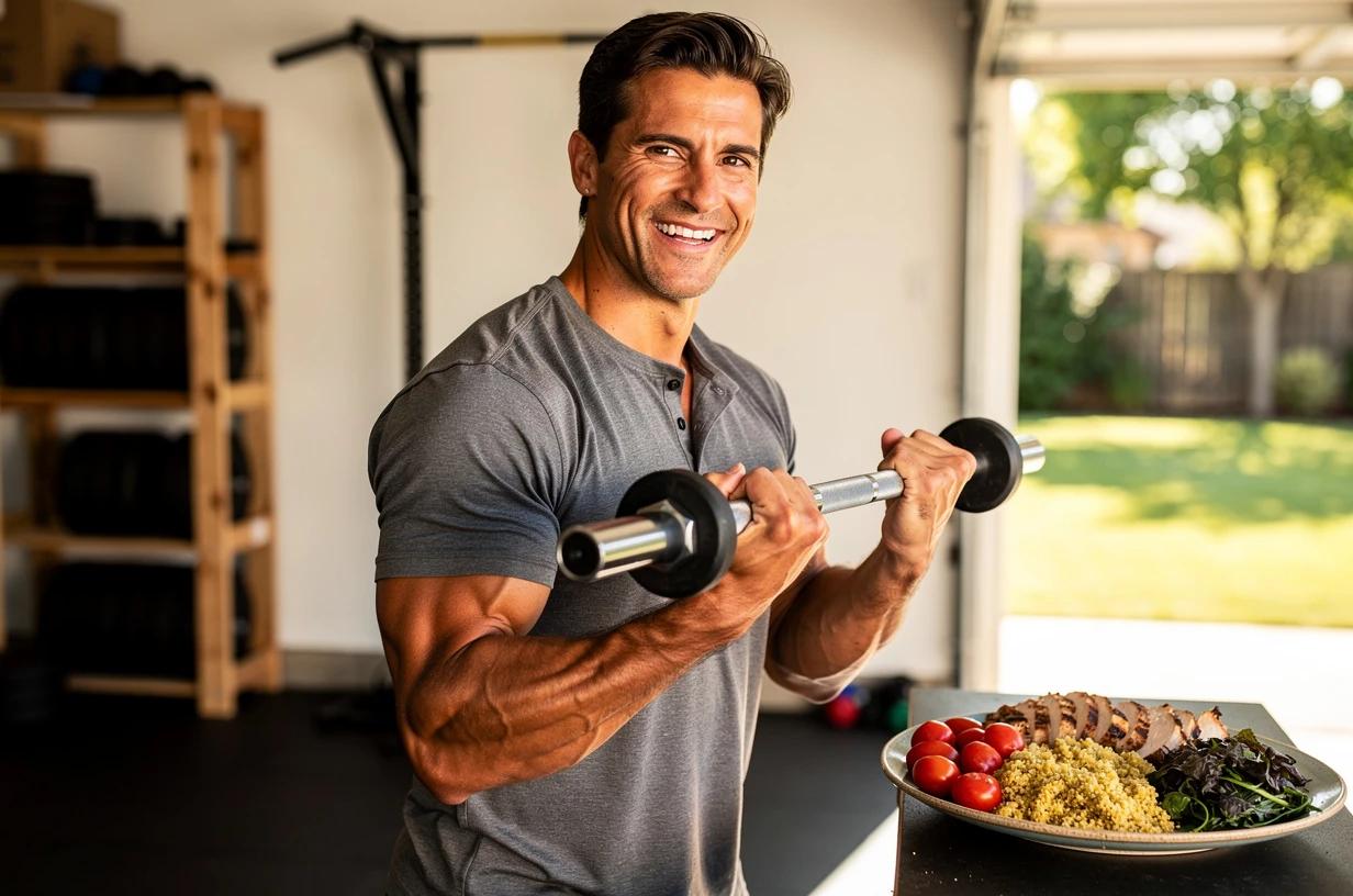 A happy, energetic man in his late 30s lifts a barbell in a well-lit home garage gym, smiling mid-rep with a plate of food visible on a nearby bench.