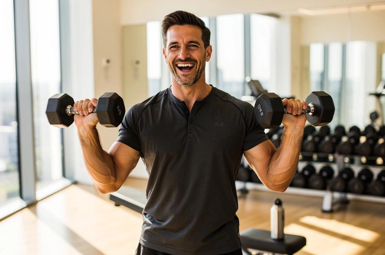 A fit man in his early 40s laughing while lifting free weights in a bright, window-lined gym, water bottle on the bench beside him.