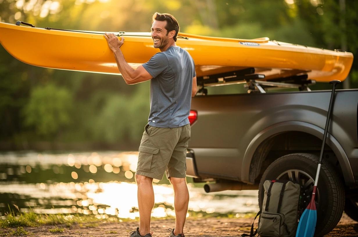 A fit man in his mid-forties grins while loading a kayak onto the roof of his truck at a sunny riverbank, ready for a morning on the water.