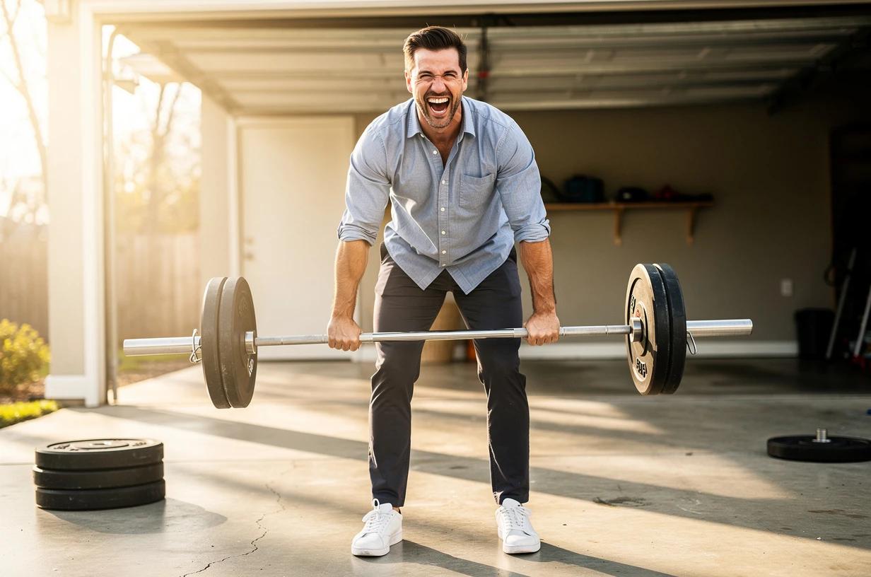 A man in his late 30s lifts a barbell in a bright garage gym, sleeves rolled up, focused and visibly strong mid-rep.