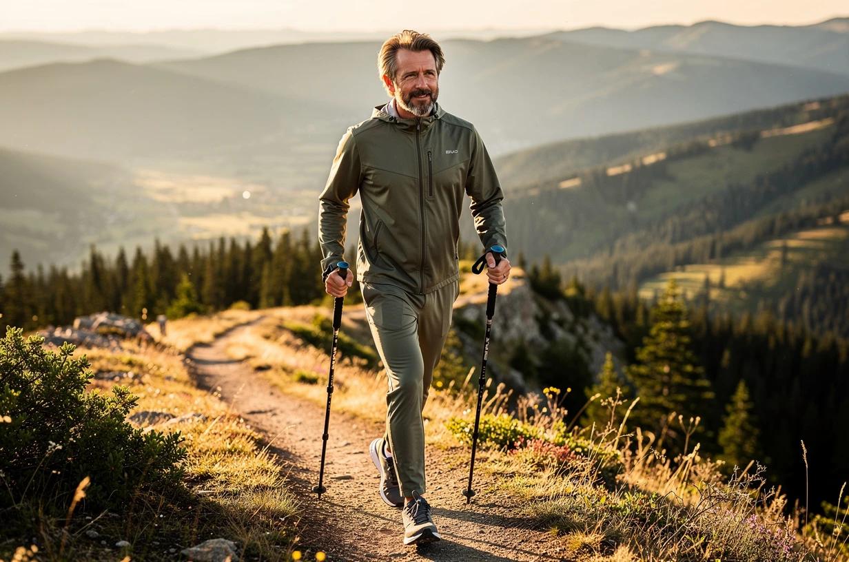 A energetic man in his early 40s grins as he crests a sun-drenched hiking trail, trekking poles in hand, a wide valley stretching behind him.