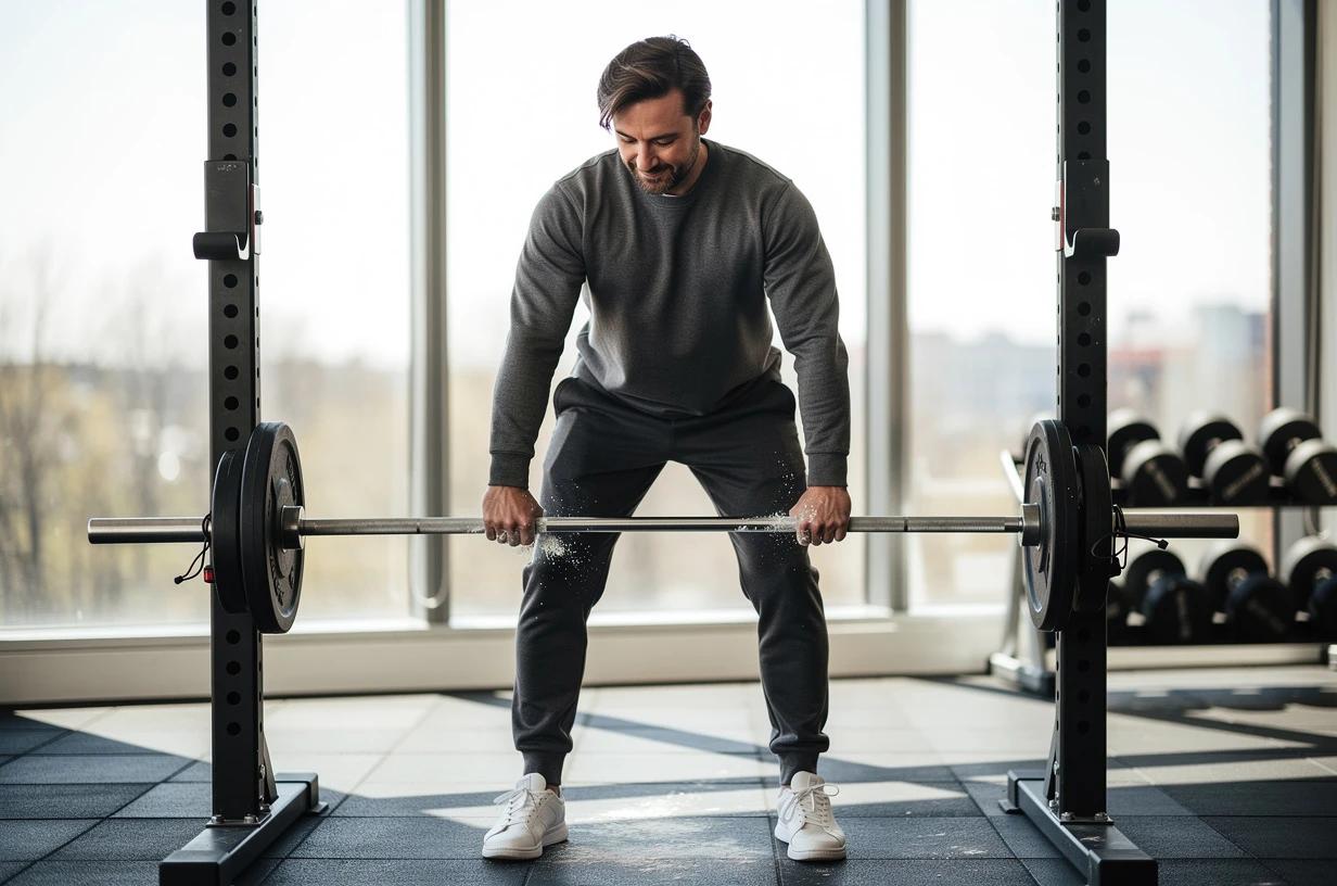 A smiling man in his mid-30s loads a barbell at a bright, airy home gym, chalk on his hands and energy in his stance, ready for a heavy lift.