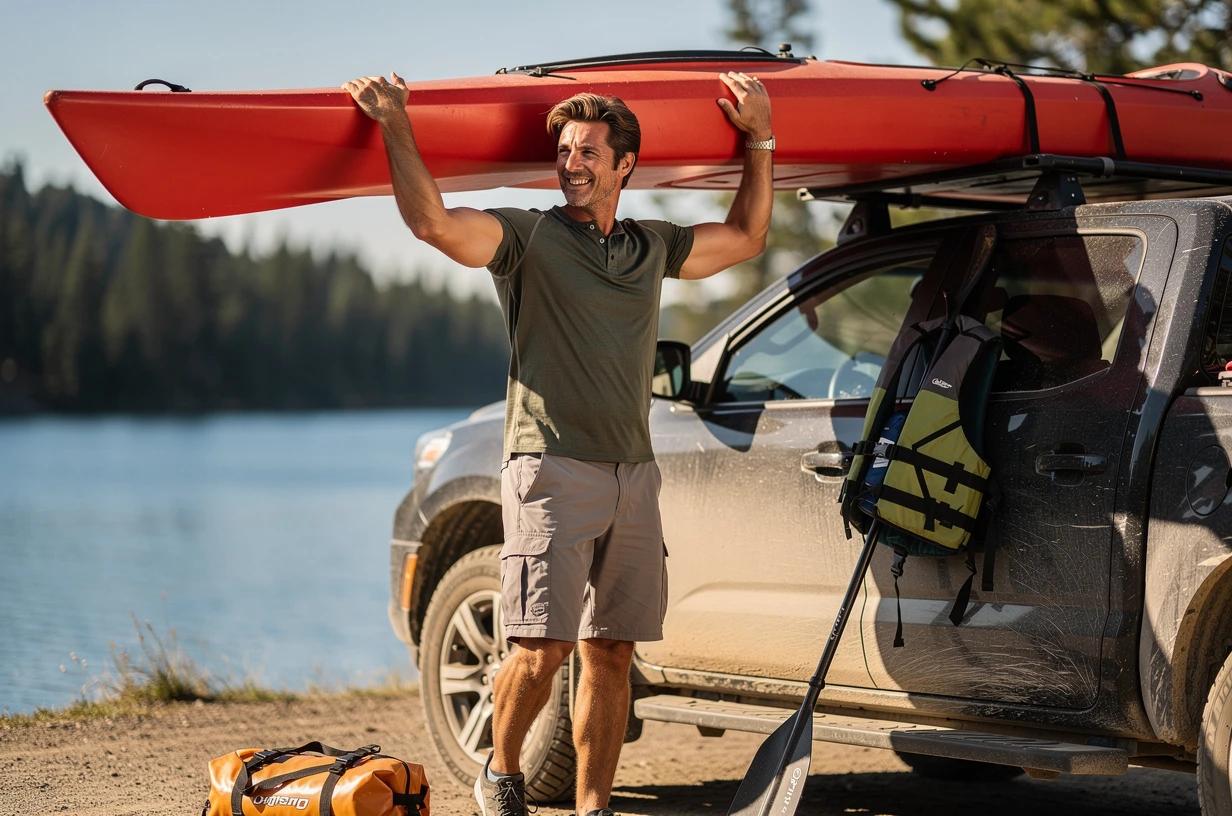 A happy man in his early 40s grins while loading a kayak onto his truck at a sunny lakeside trailhead, gear scattered around him.