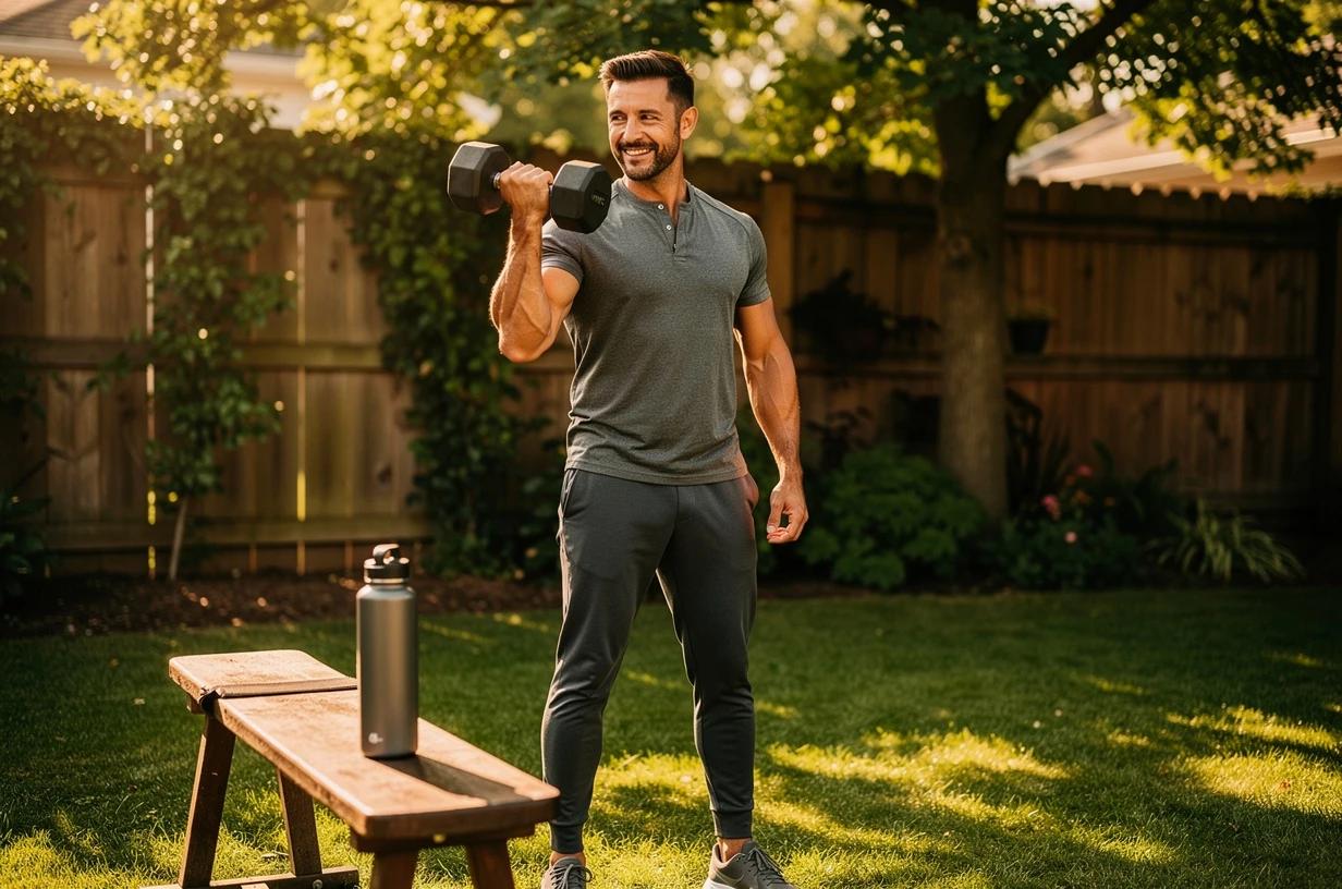 A smiling man in his late 30s lifts a dumbbell during an outdoor strength training session in a backyard, a large water bottle on the bench beside him.
