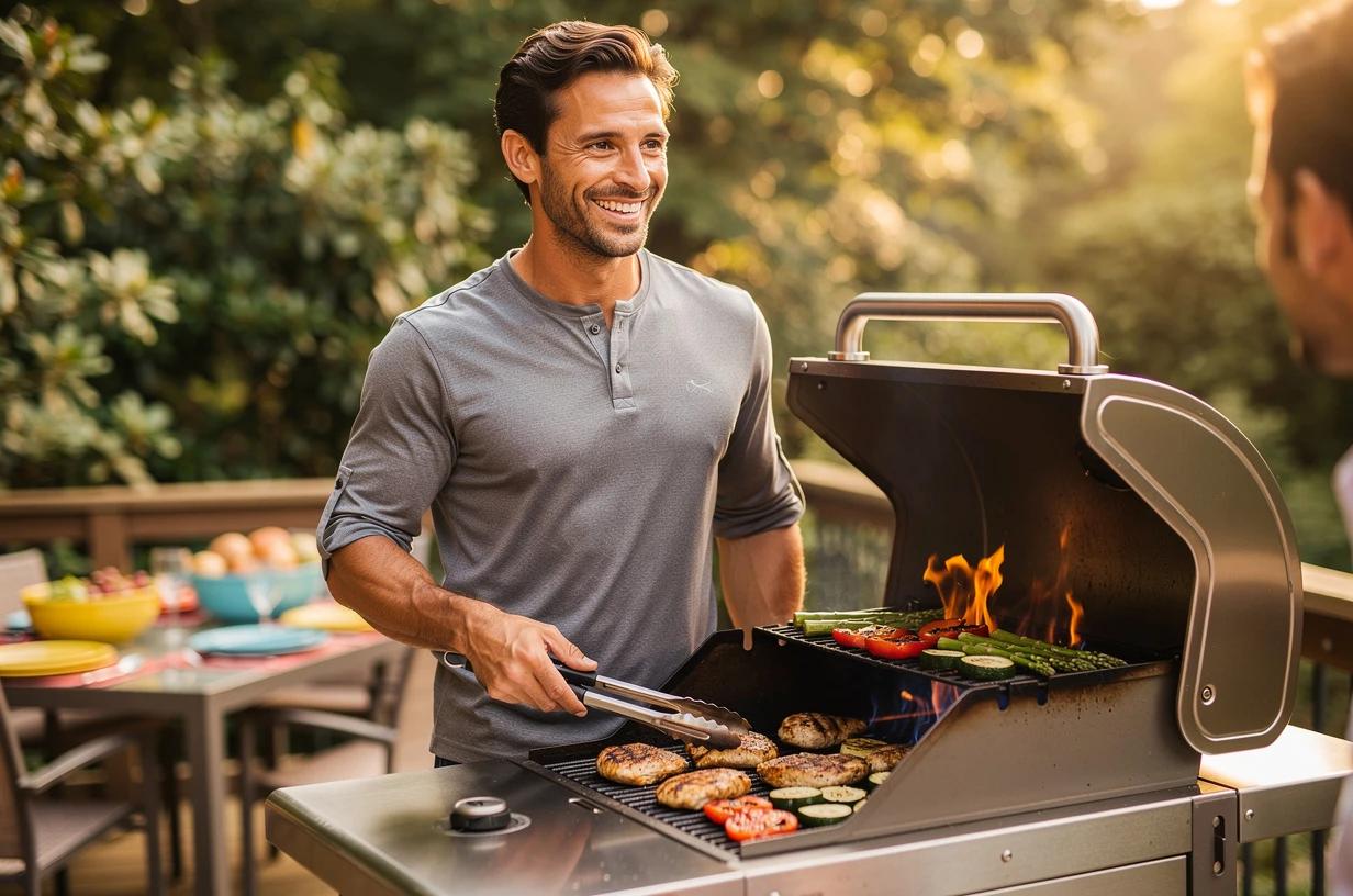 A fit man in his mid-30s grills chicken and vegetables on an outdoor deck on a sunny afternoon, tongs in hand, smiling toward someone just off-frame.