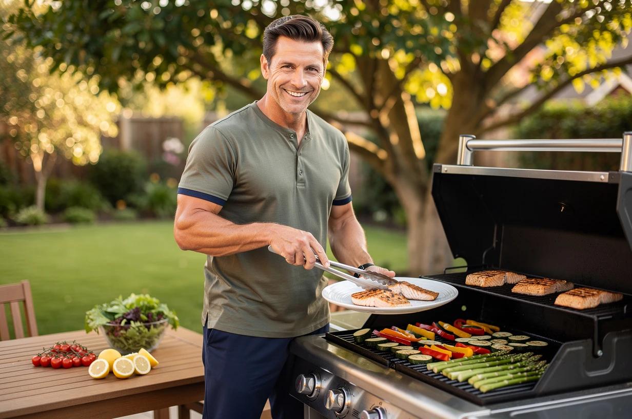 A happy man in his early 40s grills salmon and colorful vegetables on a backyard patio on a sunny afternoon, smiling as he plates the food.
