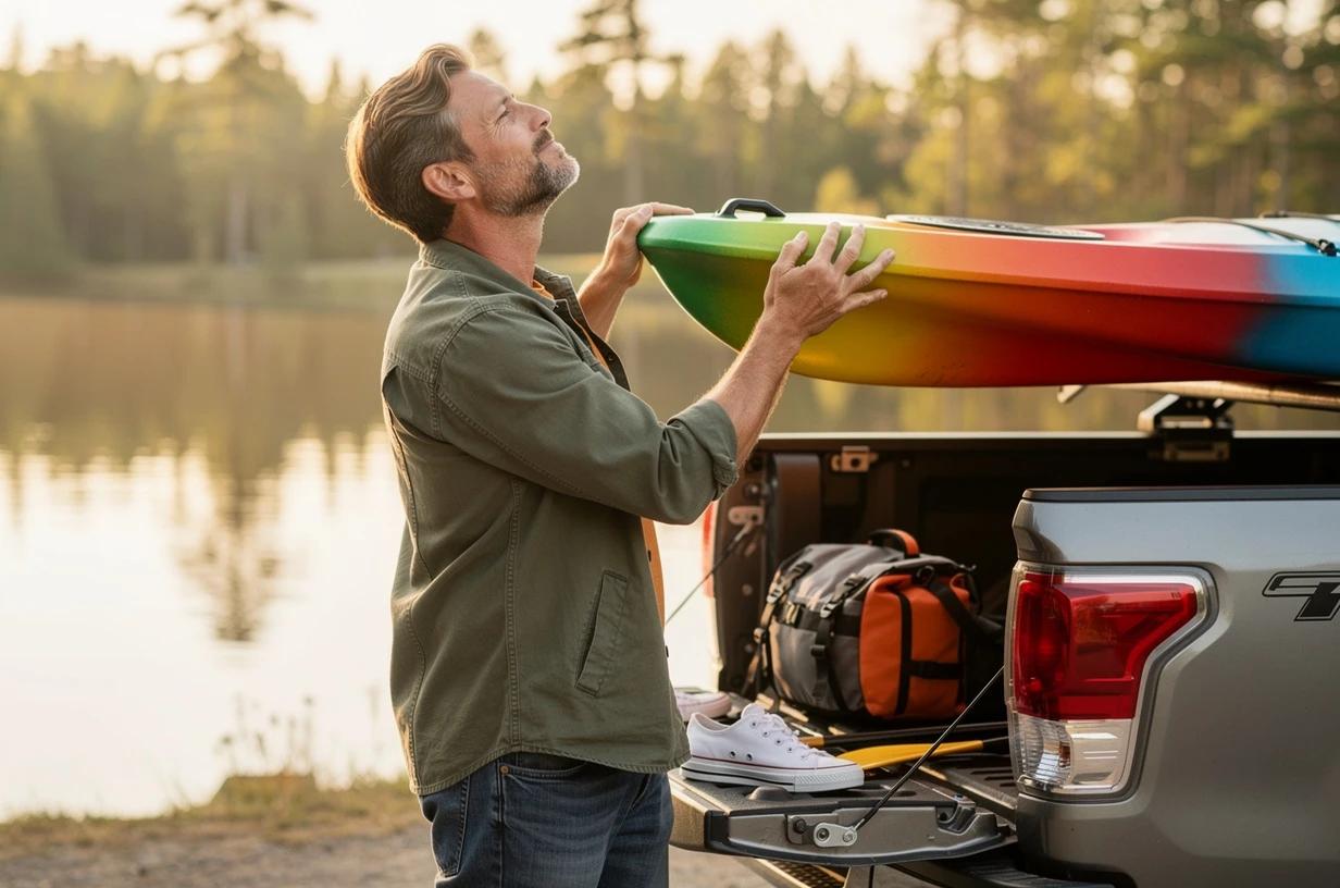 A fit man in his mid-40s grins while loading a kayak onto the roof of his truck at a sunny lake put-in, water and gear ready for the morning.