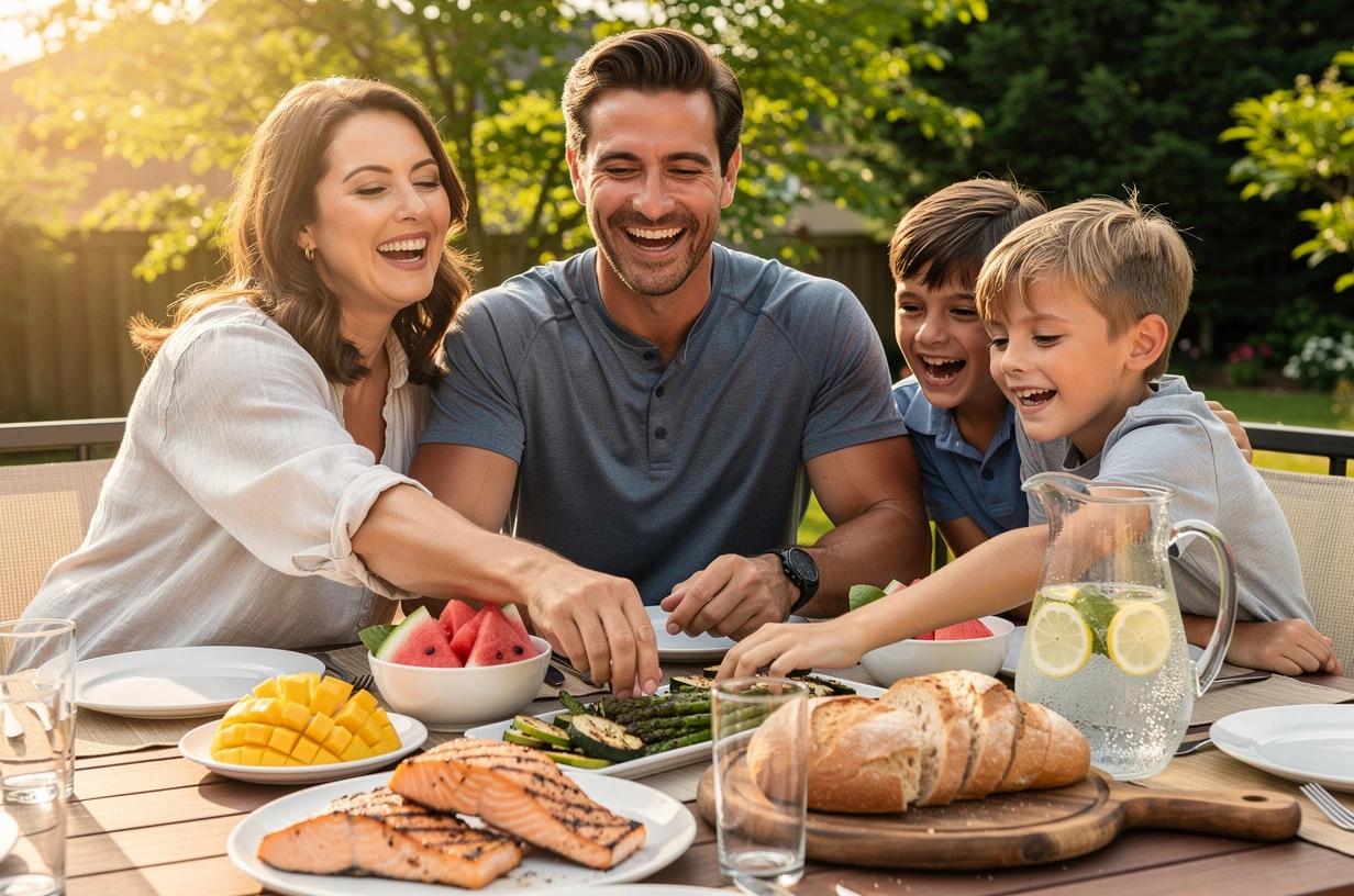 A fit man in his mid-30s laughing with his family around a backyard table loaded with grilled vegetables, fish, and fresh fruit on a bright afternoon.