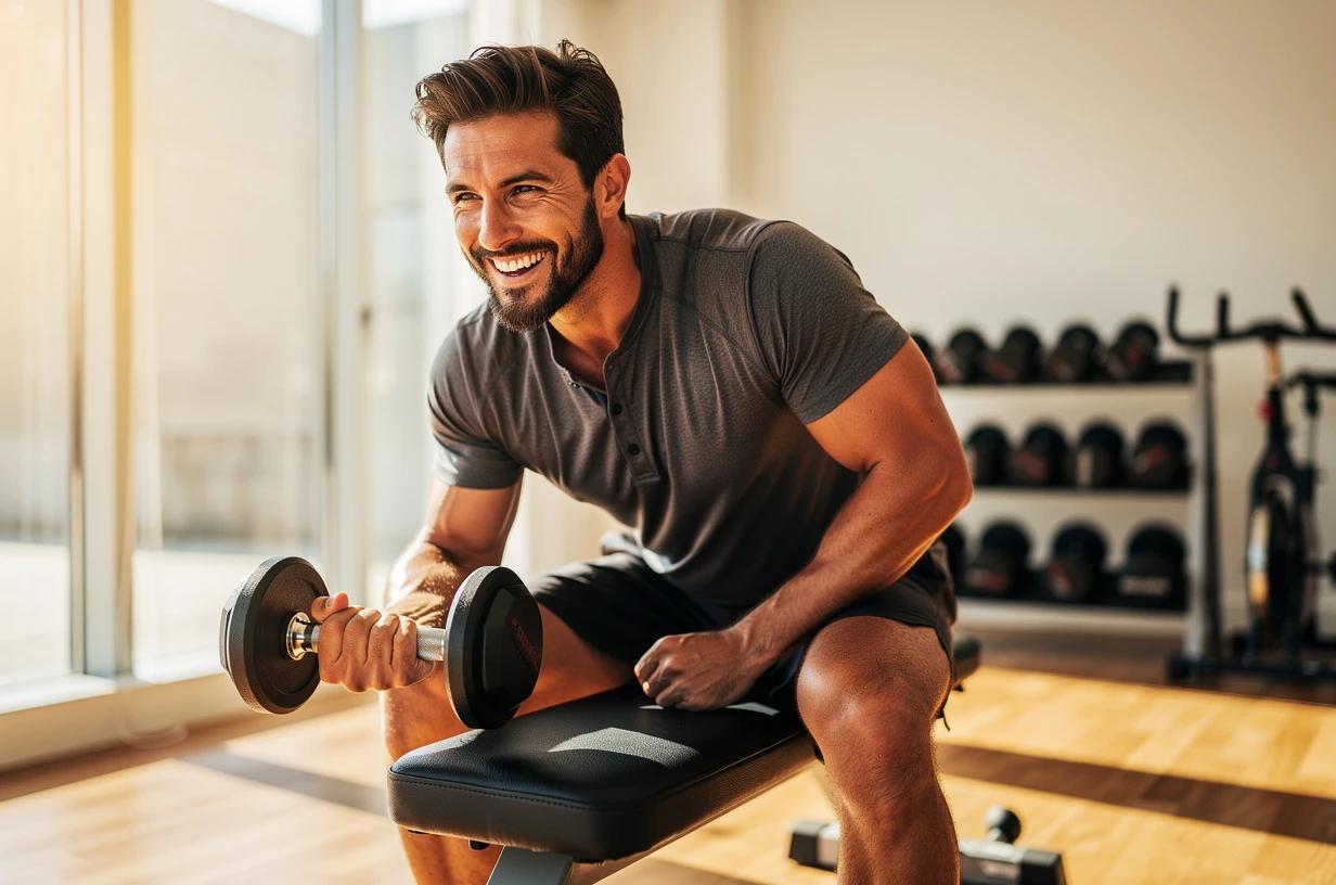 A energetic man in his mid-30s doing dumbbell rows in a bright home gym, smiling mid-rep with morning light coming through a large window behind him.