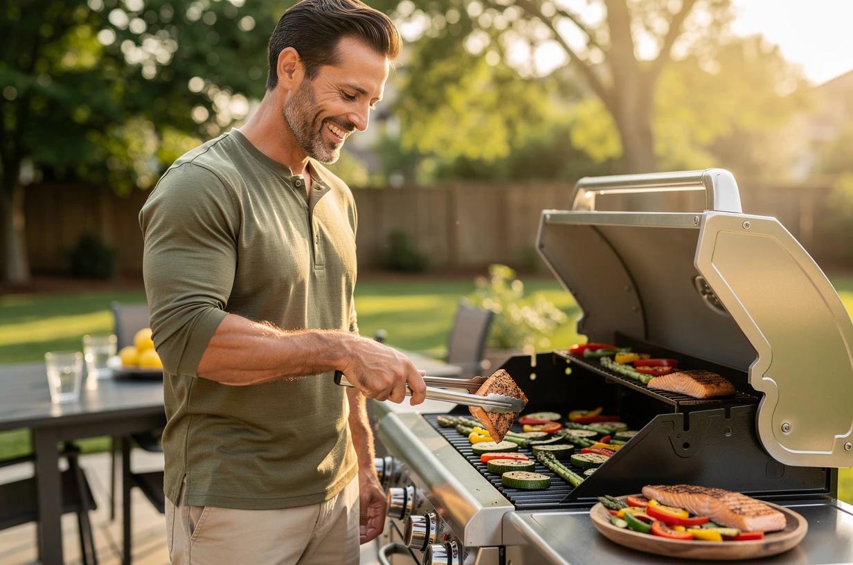 A happy man in his early 40s grilling salmon and colorful vegetables on an outdoor patio, smiling as he plates the food in bright afternoon sunlight.