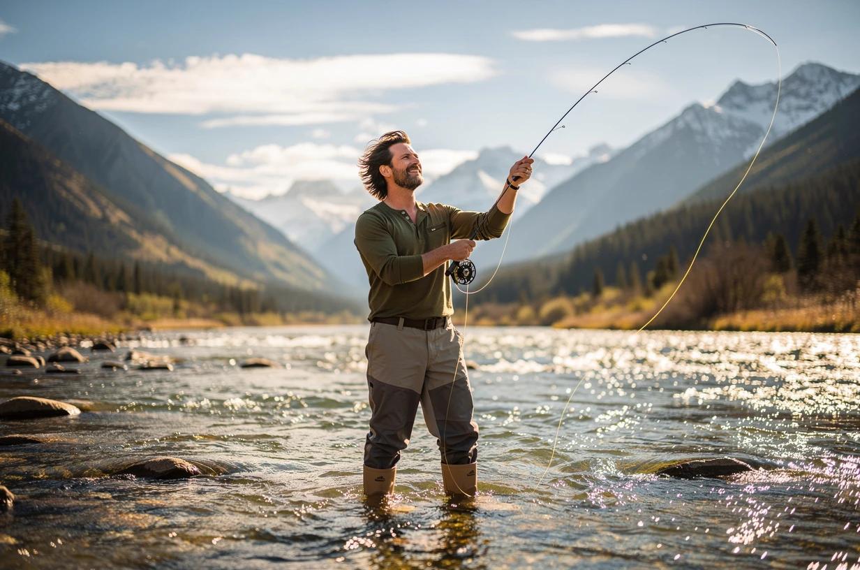 A happy man in his mid-40s fly fishes in a clear mountain stream at mid-morning, wading boots in bright water, mountains visible in the background.