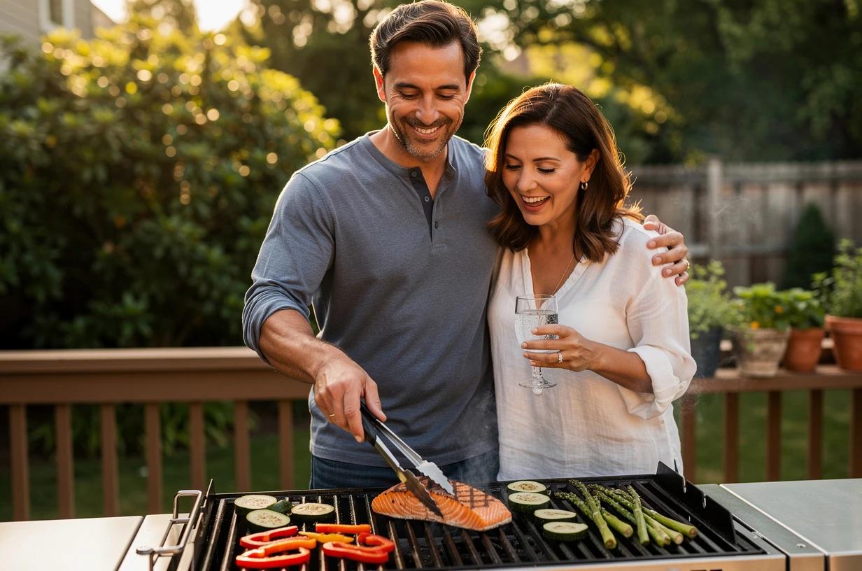 A fit man in his late 30s grills salmon and vegetables on a backyard deck while his wife laughs beside him, both holding glasses of sparkling water in afternoon light.