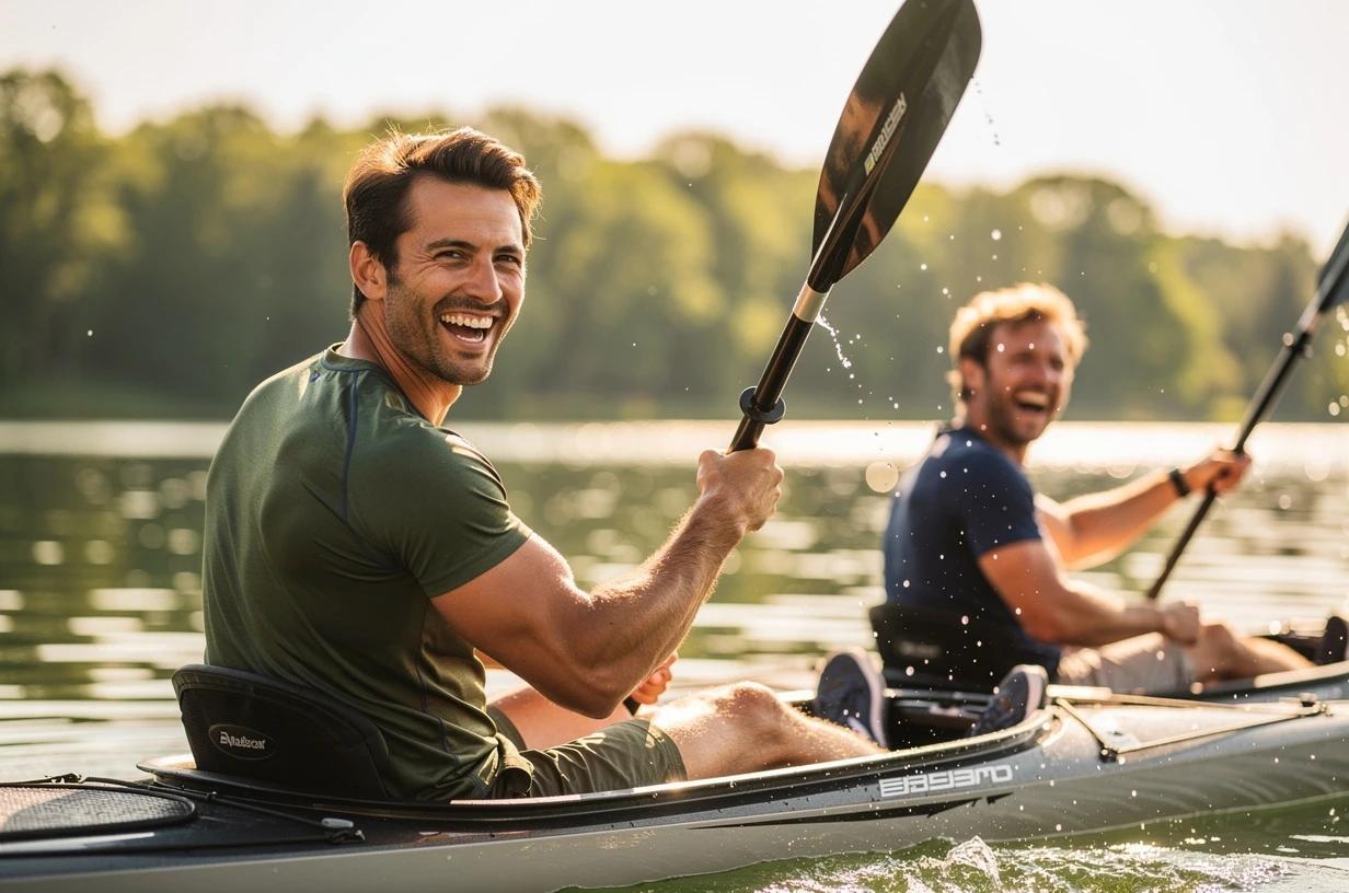A man in his late 30s paddles a kayak across a sun-drenched lake, laughing and looking back over his shoulder at a friend paddling alongside him.