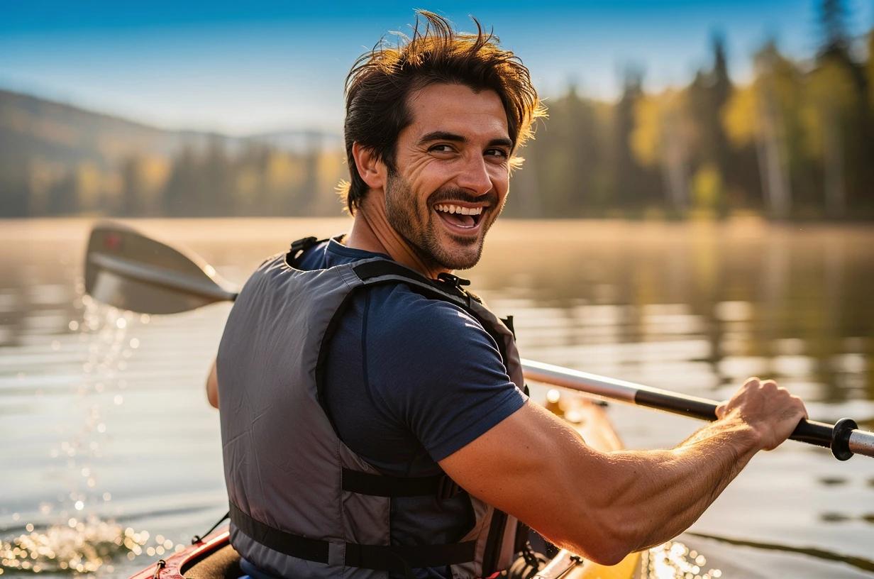 A fit man around thirty-five paddles a kayak across a bright lake on a clear morning, laughing as he glances back toward the shore.