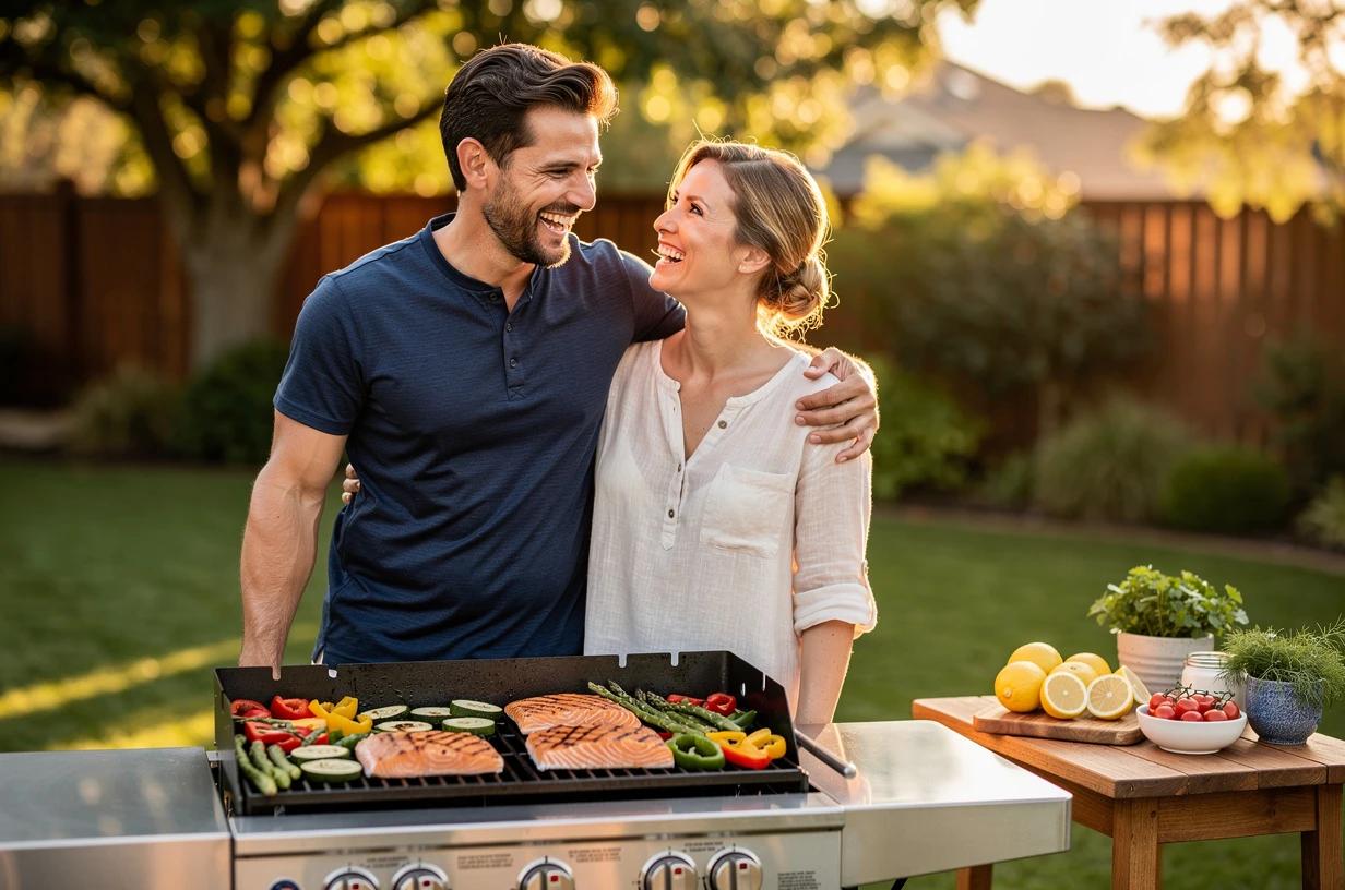 A man around 38 years old grilling in a backyard with his wife beside him, both smiling over a spread of vegetables and fresh food in warm afternoon light.