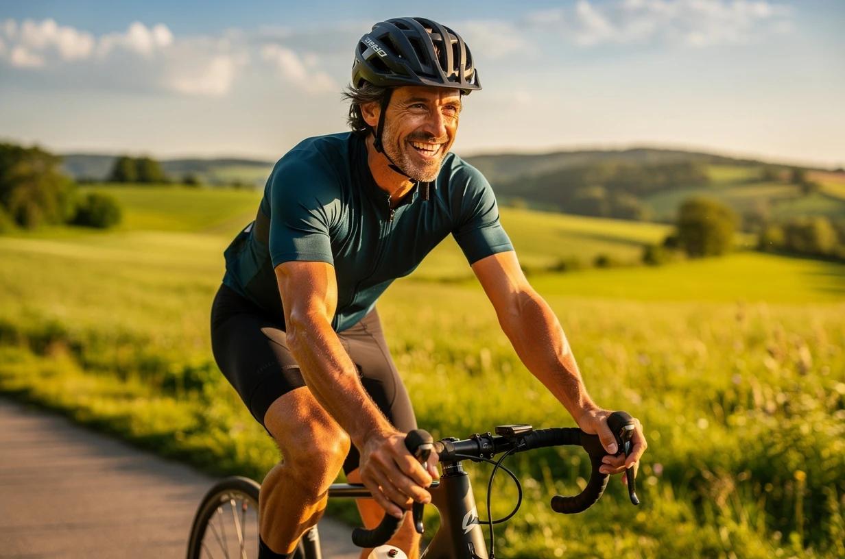 A fit man around 40 cycling on a sunlit trail through open countryside, grinning as he rides past green fields.