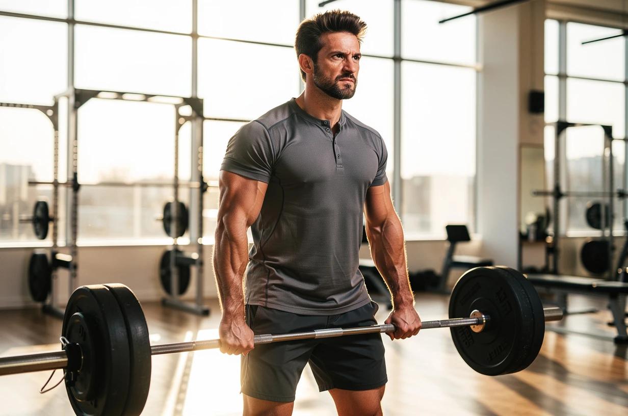 A focused man in his mid-30s gripping a barbell at a bright, window-lit gym, mid-lift with an energized expression.
