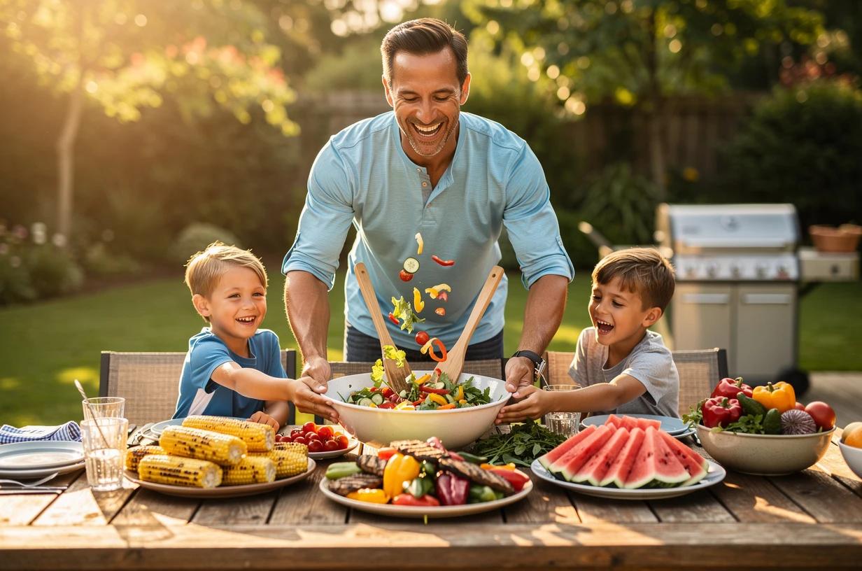 A fit man in his mid-40s laughing with his young children during a backyard barbecue, tossing a salad at an outdoor table loaded with fresh vegetables.