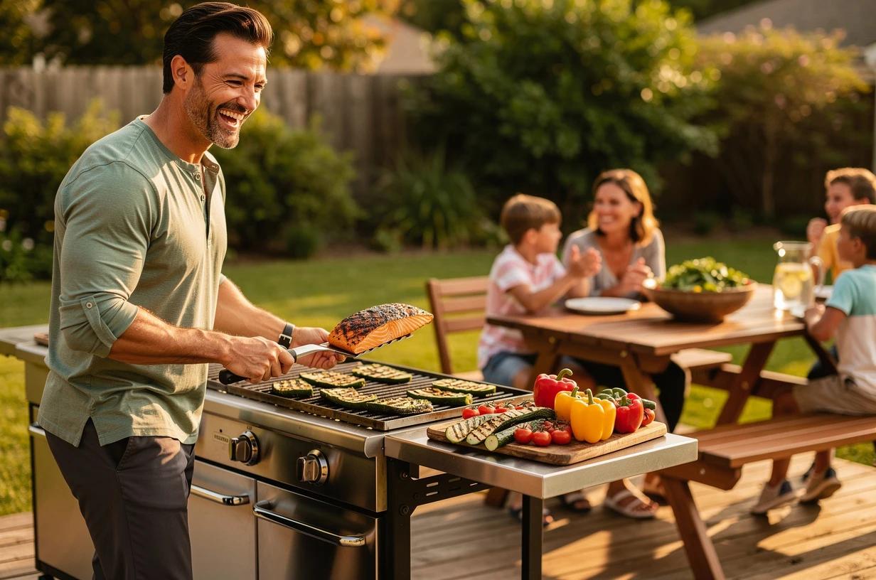 A fit, energetic man in his early 40s grills salmon and vegetables on a sunny backyard deck, laughing as he plates food for his family at a picnic table.
